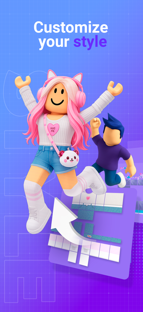 Makerblox - skin creator - Two colorful Roblox avatars jumping with custom designed clothing templates below them