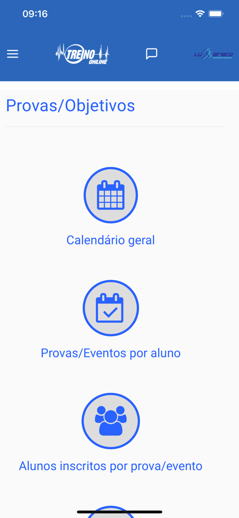 Treino Online for Coach - Treino Online for Coach app menu for training goals and event management
