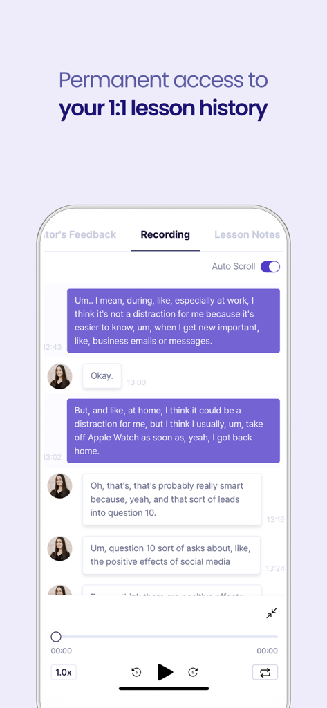 Ringle - 1:1 Online English - Un écran d'application mobile affichant l'enregistrement et la transcription d'un cours d'anglais 1 à 1.