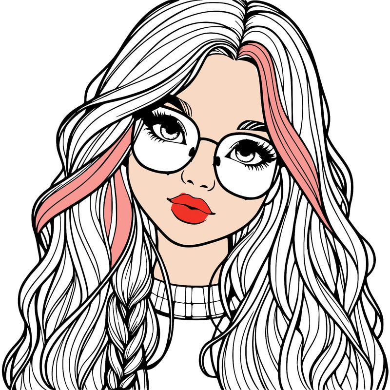 girl with long hair and freckles and glasses realistic