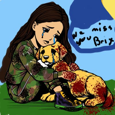 realistic girl crying with a realistic dog laying on her lap