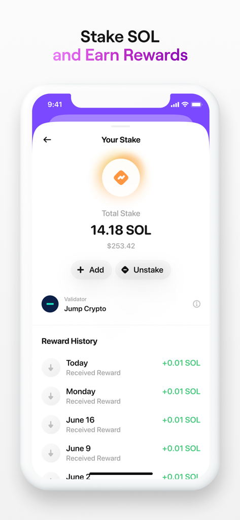 Glow — Solana Wallet - Interfaz de staking de la billetera Glow Solana con historial de recompensas.
