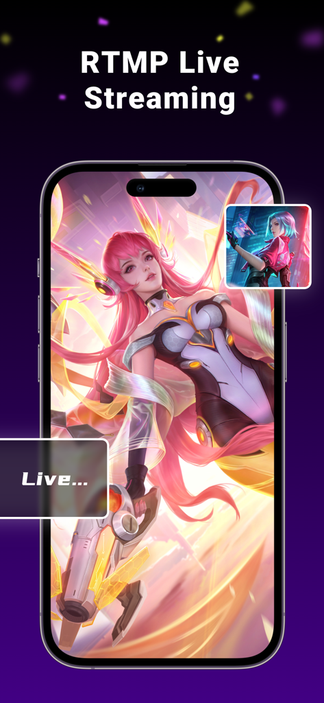 Screen Recorder:Video Recorder - A mobile screen showing RTMP live streaming of a game with facecam and live status indicator.