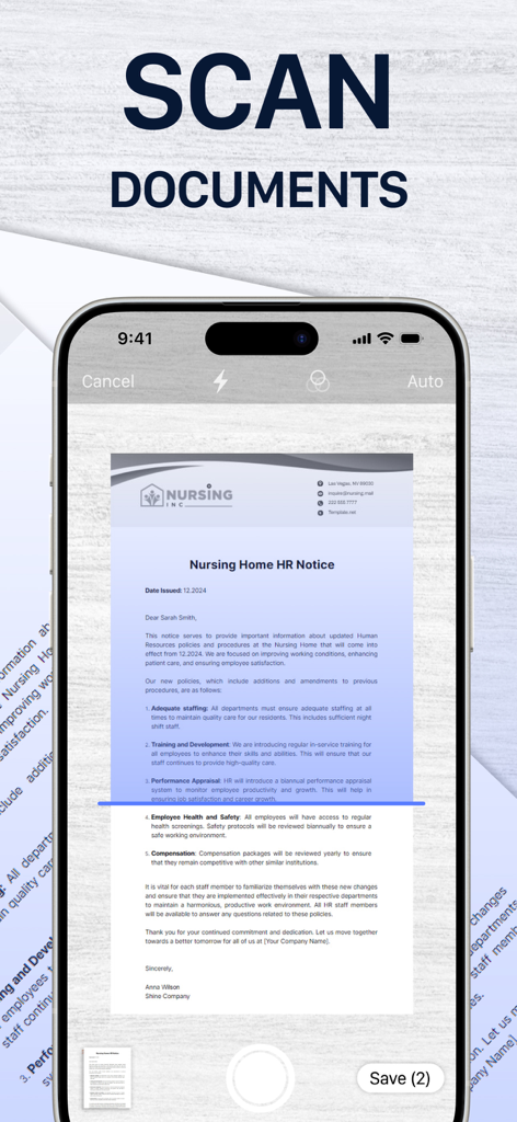 Tela do iPhone mostrando um documento sendo digitalizado em PDF