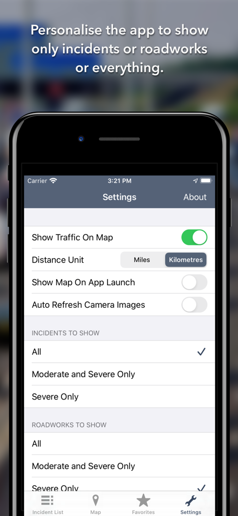 Settings screen of the Queensland Roads app showing personalization options for traffic incidents and roadworks