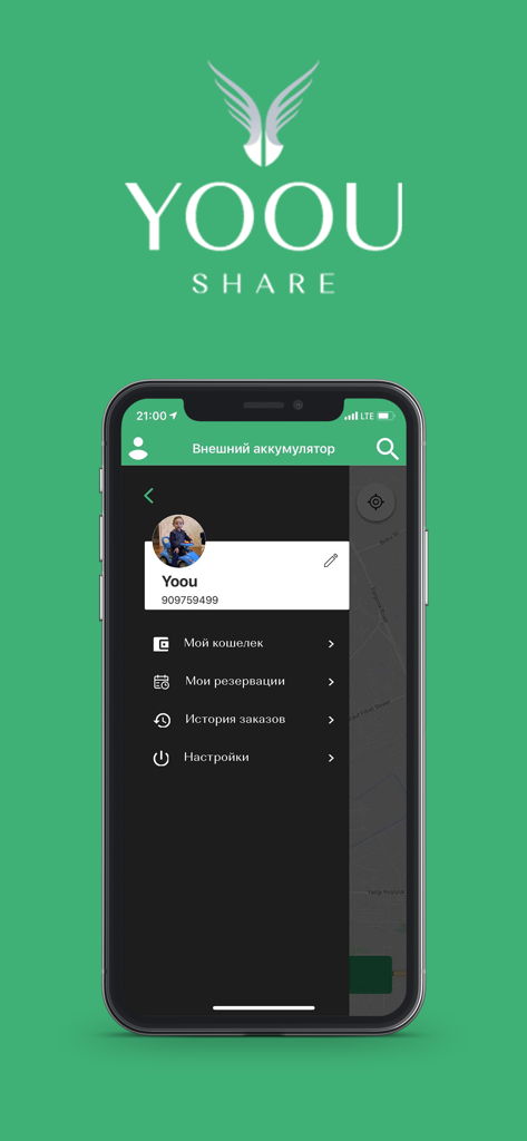 YOOU SHARE - Logótipo YOOU SHARE acima de um smartphone exibindo o menu do perfil da aplicação