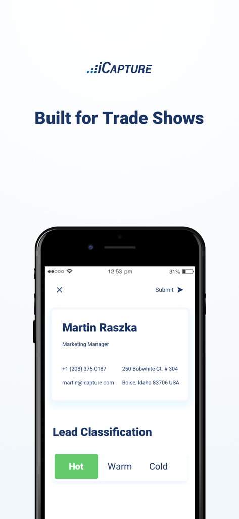 Mobile interface of Cvent iCapture showing a contact record and lead classification options for trade show leads