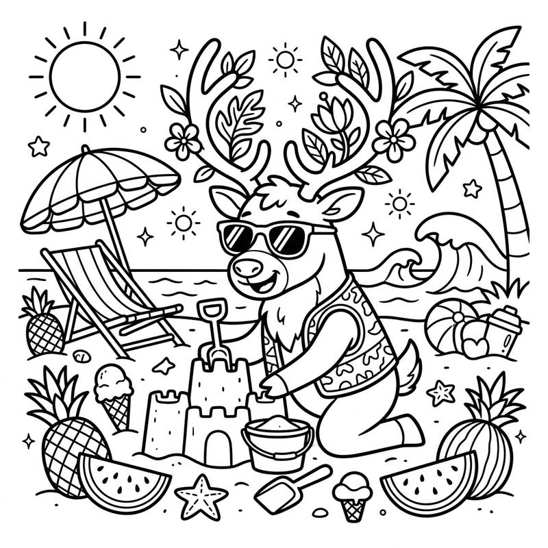 Join our adorable Arctic Reindeer as it enjoys a fantastic summer vacation, building sandcastles on a sunny beach. This delightful coloring page is packed with tropical fun, perfect for bringing vibrant colors to life.