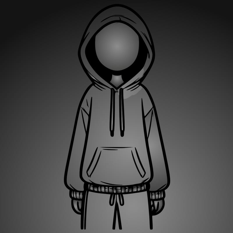 faceless girl in a tracksuit with a hood on and no hair