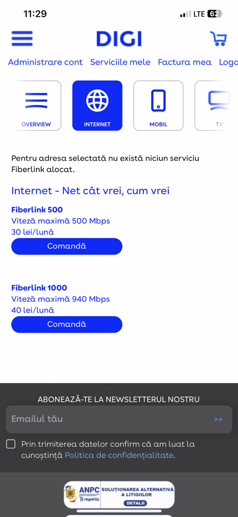 Interface of the DIGI.ro mobile app showing Fiberlink 500 and Fiberlink 1000 internet service options