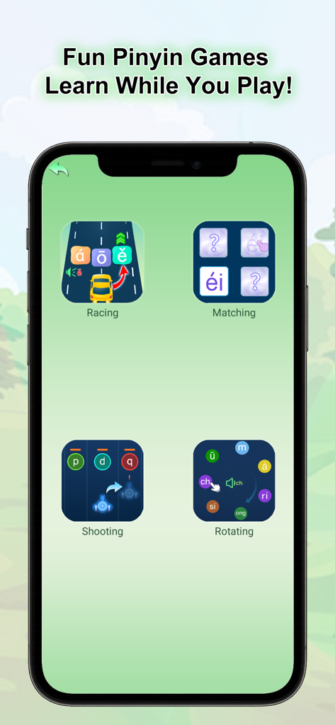 Pinyin Academy-Fun with Pinyin - Interface of Pinyin Academy showing four educational games for learning Mandarin: Racing, Matching, Shooting, and Rotating.