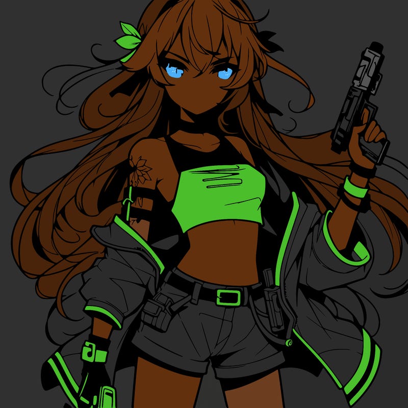 bad girl wearing crop top holding a gun long hair anime