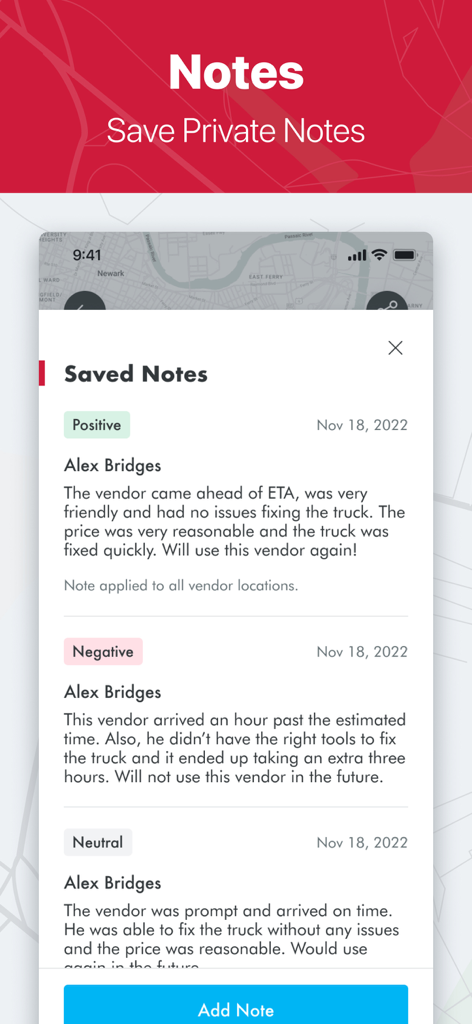 Find Truck Service® | Trucker - A screen displaying saved private notes about truck service vendors with positive and negative feedback.