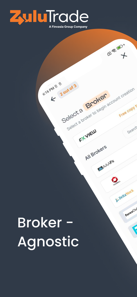 Tela móvel do aplicativo ZuluTrade mostrando a lista de seleção de corretoras