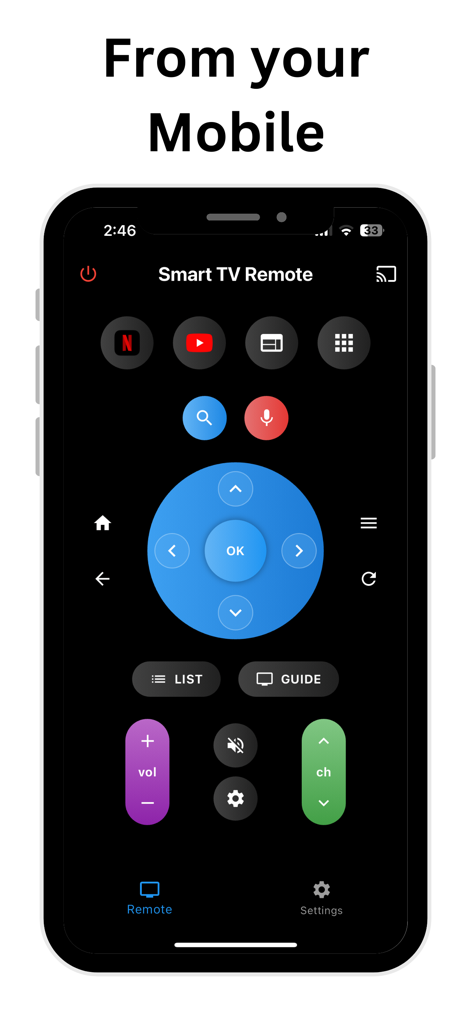RemoteZap: Universal TV Remote - Smartphone screen showing a universal smart TV remote control app with navigation and media buttons