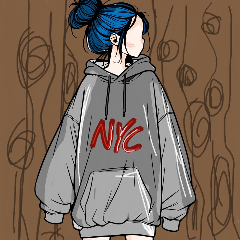 realistic girl with a oversized sweatshirt on and a bun