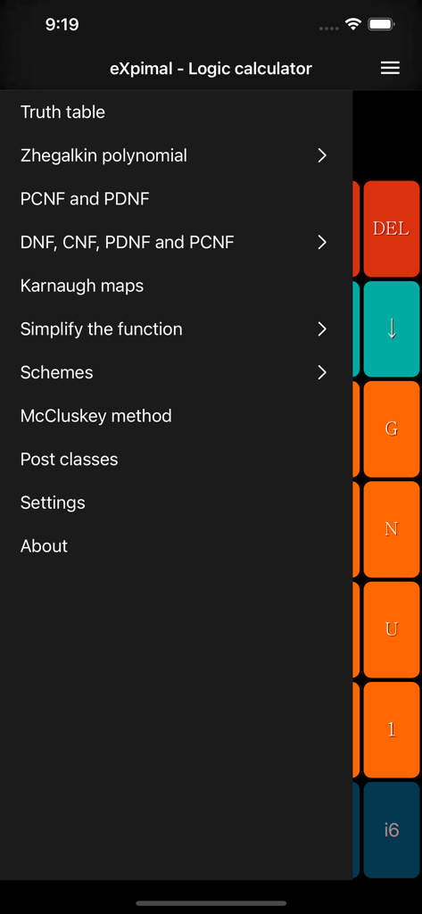eXpimal - Logic calculator - Navigation menu of the eXpimal logic calculator app listing features like truth tables and Karnaugh maps