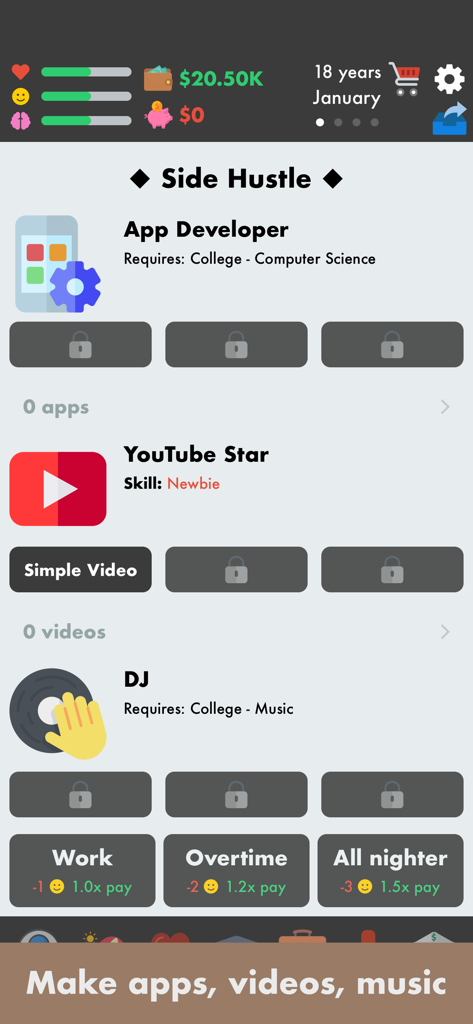 Un menú en El Simulador de Vida que muestra opciones de trabajos secundarios para desarrolladores de aplicaciones, estrellas de YouTube y DJs