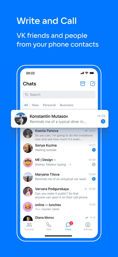 Interfaccia della lista chat di VK Messenger che mostra un elenco di messaggi e contatti recenti su uno schermo mobile