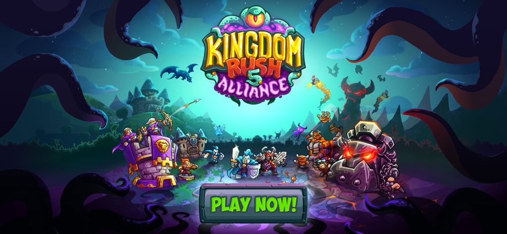 Kingdom Rush 5: Alliance TD - Banner promocional de Kingdom Rush 5 Alliance TD con héroes, torres y un botón de jugar ahora