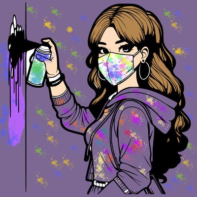 realistic girl with mask spray painting a wall