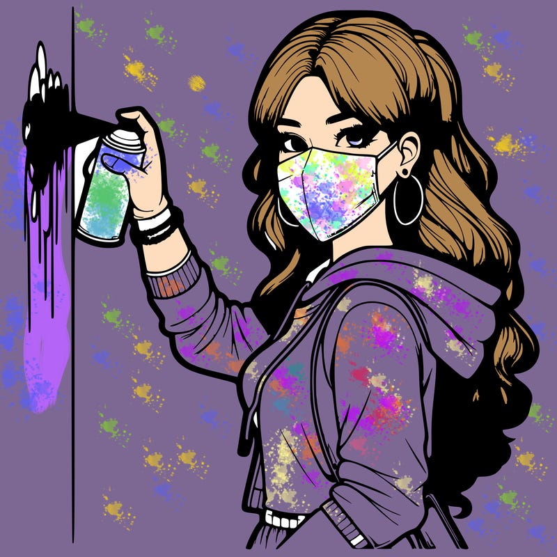 realistic girl with mask spray painting a wall