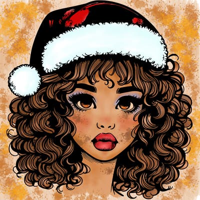 realistic girl with a santa hat curly hair and lips