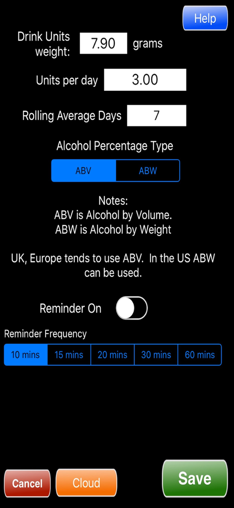 Settings screen of the Alcohol Units Calculator app showing options for alcohol units per day ABV and ABW selection and reminder frequency settings