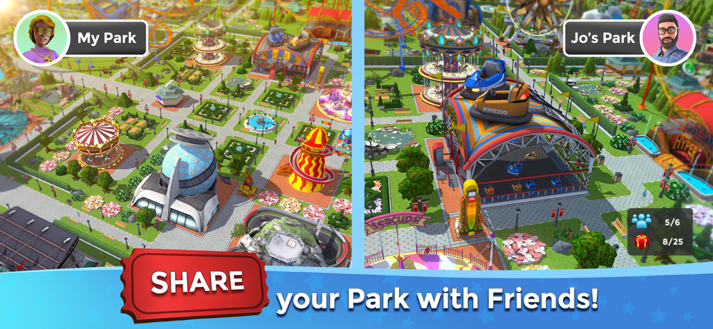 A split screen showing two different custom theme parks with a text overlay encouraging players to share their park with friends