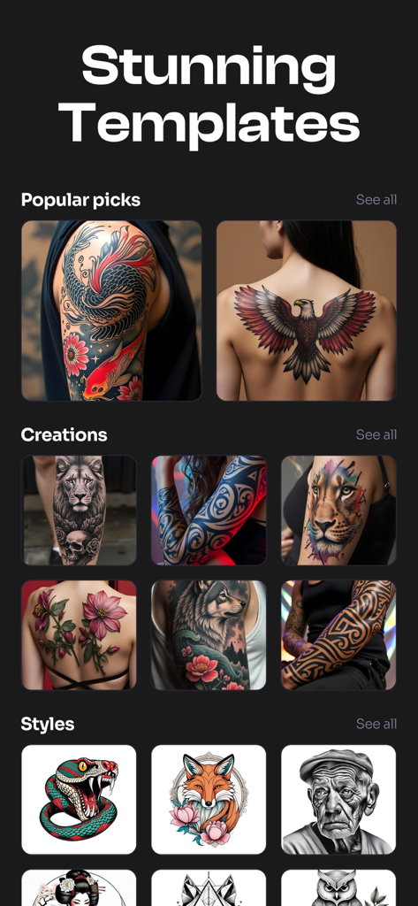 Uma galeria de modelos e estilos artísticos de tatuagem gerados por IA dentro do aplicativo Tattooist.