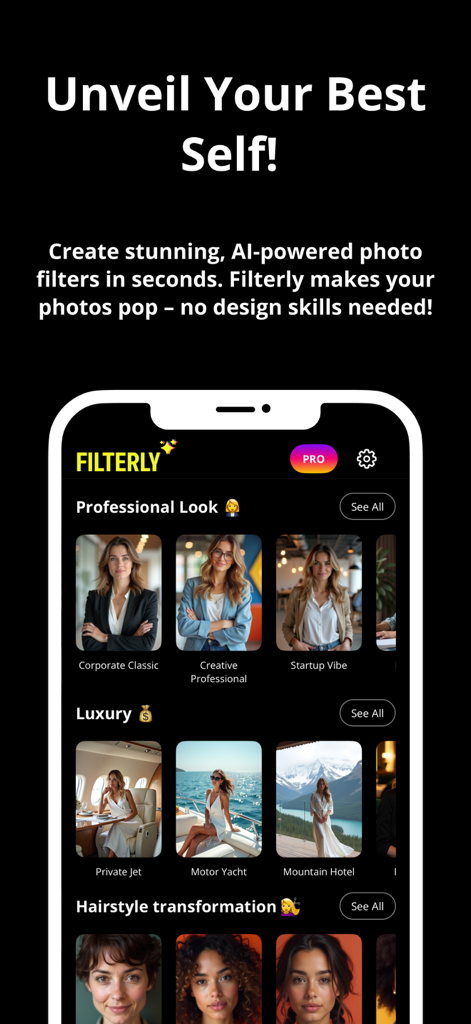 Interfaccia dell'app Filterly che mostra stili fotografici AI per headshot professionali, stili di vita di lusso e trasformazioni di acconciature