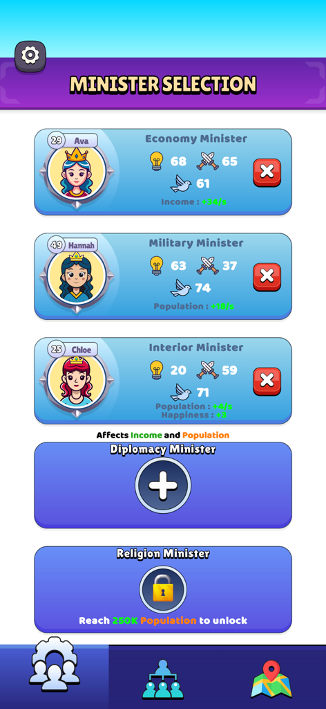 Kingdom Life! - Minister selection screen in the Kingdom Life mobile game showing royal advisors and their stats