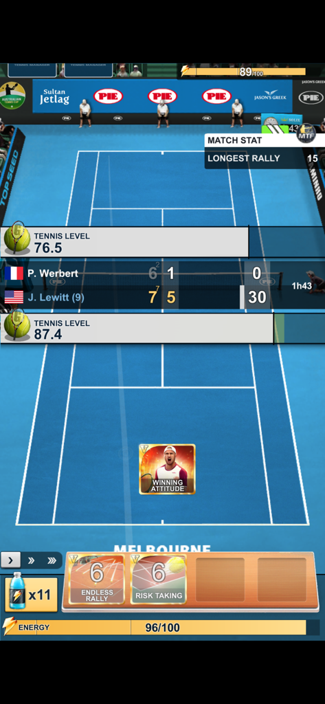 Tennis Manager 2025 - TOP SEED - Screenshot of a tennis match simulation in Tennis Manager 2025 with player ratings and strategic skill cards