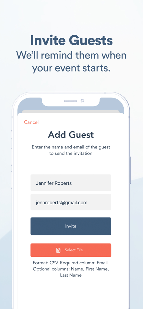 EventLive－Live Stream Event - Oberfläche der EventLive-App, die zeigt, wie Gäste per Name, E-Mail oder CSV-Datei für eine Live-Stream-Veranstaltung eingeladen werden