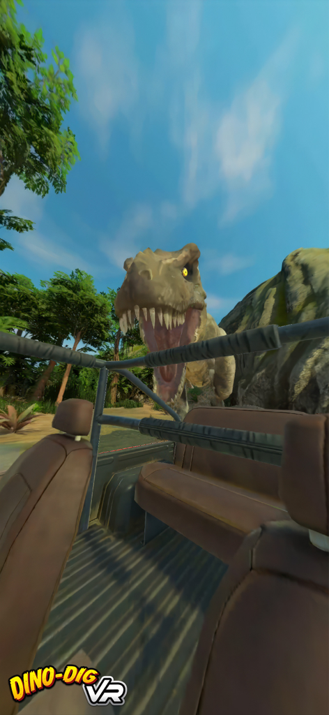 Steam Lab VR - Virtual reality simulation of a T-Rex roaring at a safari vehicle in the Dino-Dig VR module
