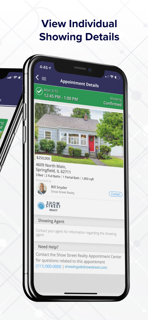 Smartphone screen showing real estate appointment details with a property photo and confirmed showing time