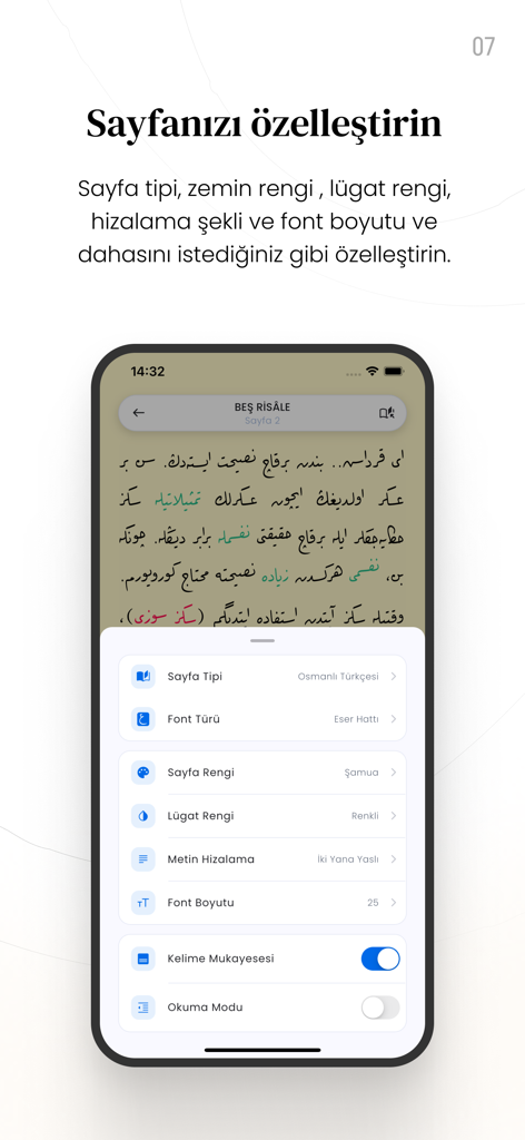 Hayrat Risale-i Nur - Pantalla del teléfono inteligente que muestra la configuración de personalización de página para leer texto turco otomano en la aplicación Hayrat Risale-i Nur.