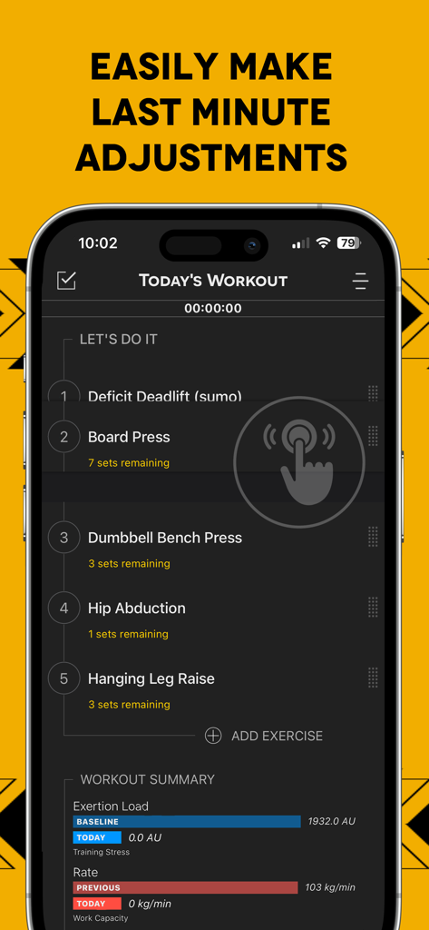 Sheiko Gold: AI Powerlifting - Applicazione mobile Sheiko Gold che visualizza un piano di allenamento di powerlifting giornaliero con elenco esercizi e riepilogo del carico.