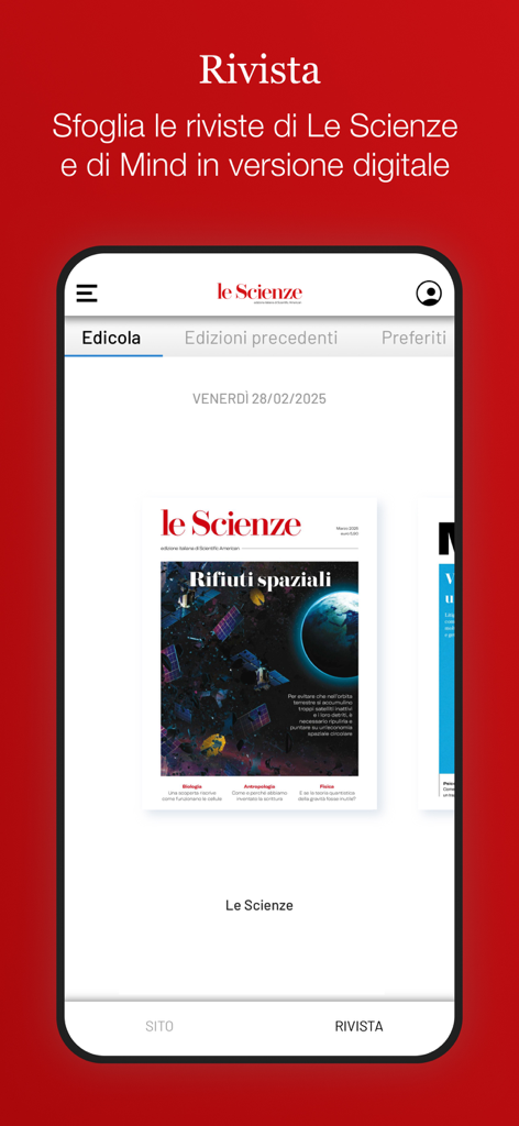 Le Scienze - Oberfläche des Newsstands der mobilen Le Scienze App, die das Cover des digitalen Magazins anzeigt