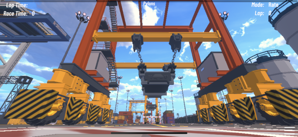 FPV drone racing simulator view of an industrial port environment with large yellow gantry cranes