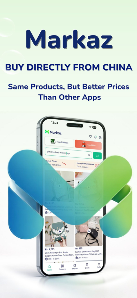 Markaz: Online Shopping & Earn - Markaz 온라인 쇼핑 앱 인터페이스, 핸드백과 같은 패션 제품을 도매 가격으로 중국에서 직접 소싱하는 모습.