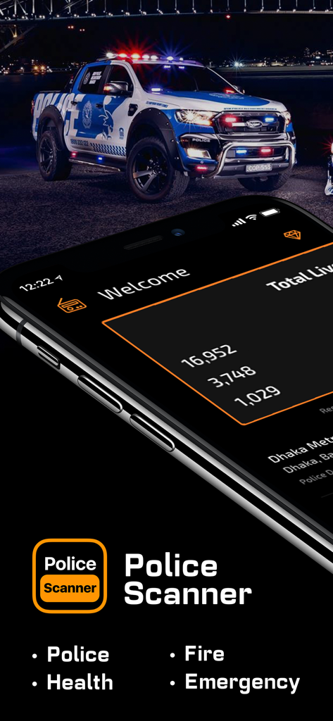 Police Scanner App, live radio - Police Scanner app interface with live radio feeds for police fire and emergency services