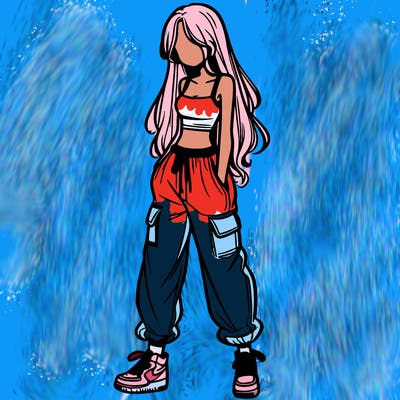 girl in baggy pants crop top and long hair