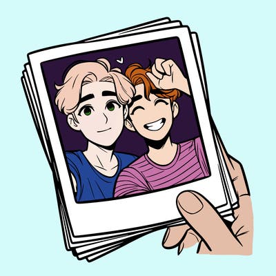 realistic, best friends taking a polaroid picture