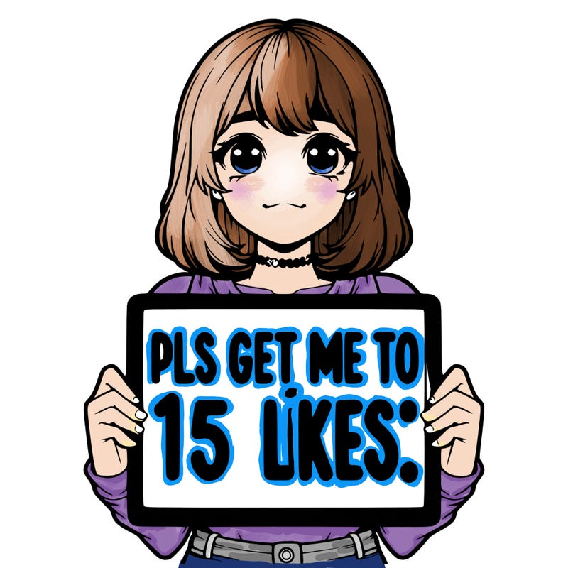 realistic girl holding up a sign that says “pls get me to 15 likes!”
