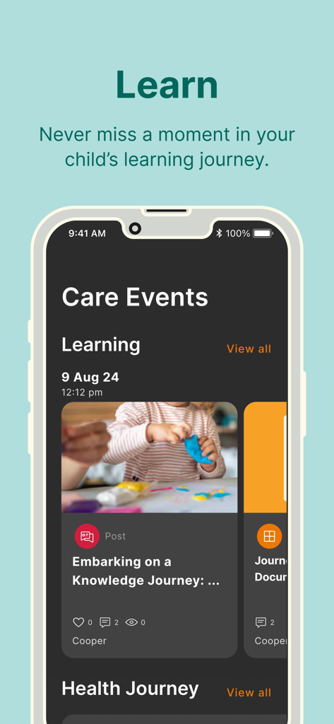 Xplor Home app screen showing a child's learning journey with photos and activity updates