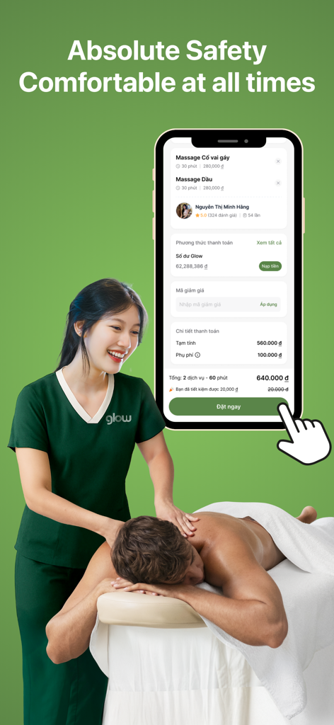 Glow - Beauty & Wellness - Mobile interface of the Glow app showing home massage booking services with a professional therapist