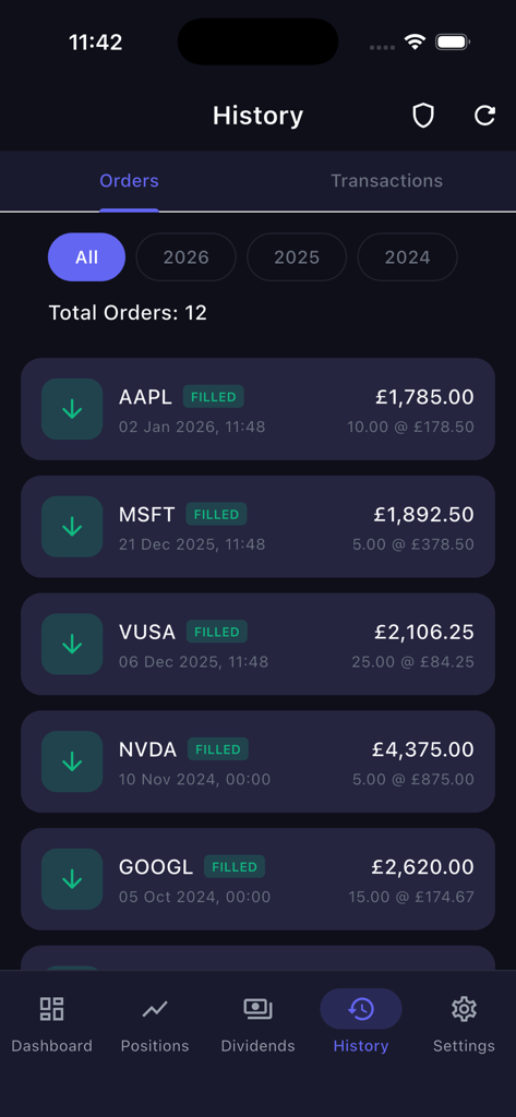 212 Portfolio - Auftragshistorienbildschirm der 212 Portfolio-App, der ausgeführte Aktientransaktionen anzeigt