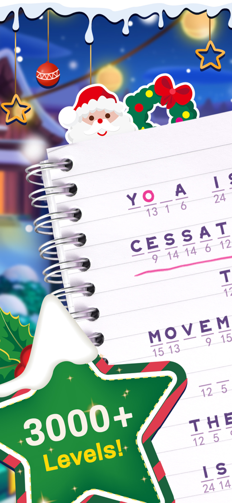 Cryptogram Word Puzzle Game - クリプトグラム単語パズルゲームのインターフェース。クリスマスをテーマに、3000以上のレベルが表示されています。