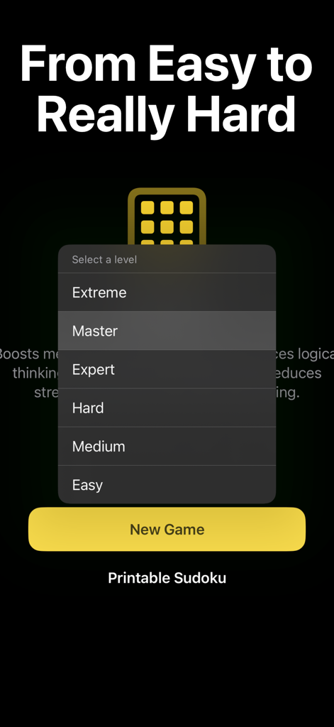 Sudoku Logic Puzzle BrainGames - Sudoku game menu showing difficulty levels from Easy to Extreme.